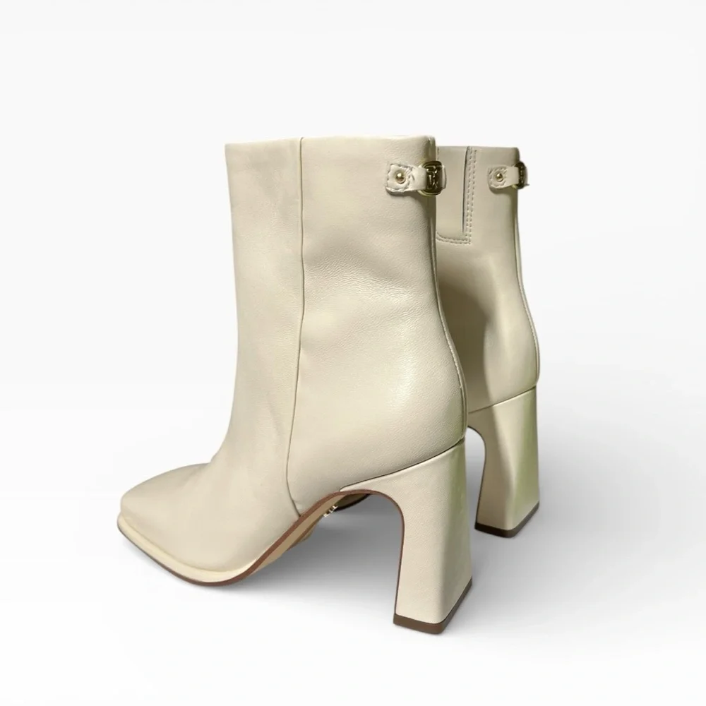 🌻NEW w/box Sam Edelman Irie Ivory Leather Square Toe Block Heel Ankle Booties 6